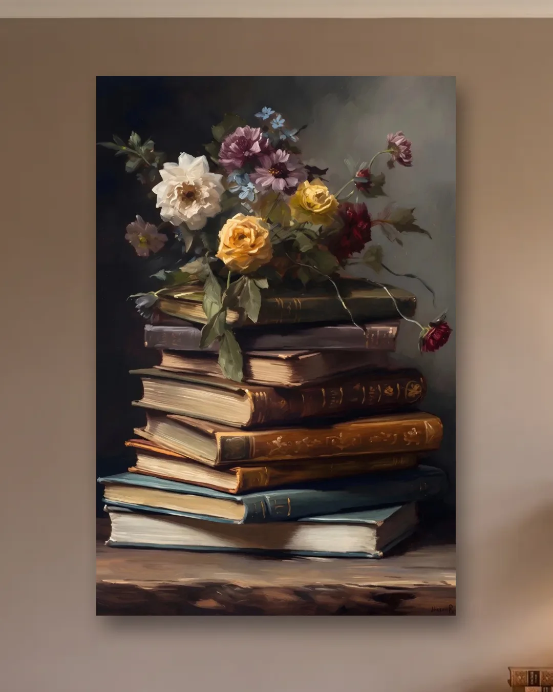 Картина «Квіти на стосі книг»